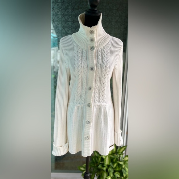 Calvin Klein Antique White Long Length Cable Knit Button Down Cardigan Large - Picture 1 of 13